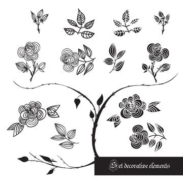 Set of decorative elements, roses and leaves, black and white Stock Illustration