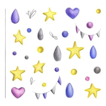 A set of decorative elements stitched with thread for hanging stars, beads Stock Illustration
