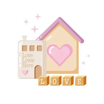 Set of decorative elements for Valentine Day. Decorative wooden house, enamel Stock Illustration