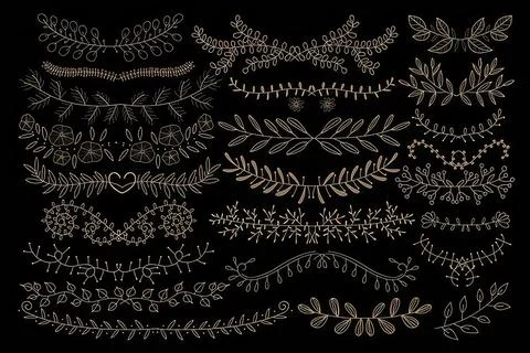 Set of decorative floral and leaf border patterns in black and white Stock Illustration