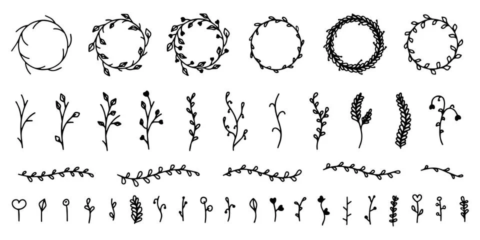 Set of decorative floral elements in the doodle style Stock Illustration