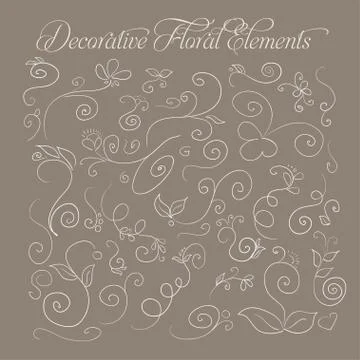 Set of decorative floral elements hand-drawn on a brown background for your d Illustrazione stock