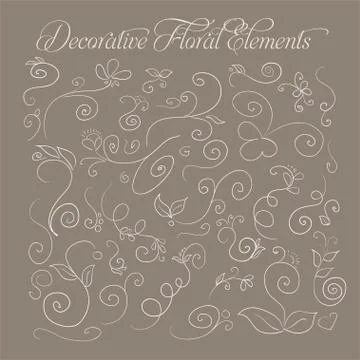 Set of decorative floral elements hand-drawn on a brown background for your d Illustrazione stock