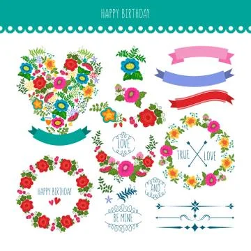 Set decorative floral elements Stock Illustration