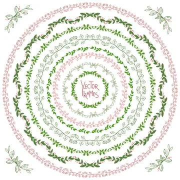 Set of decorative floral round frames and corner 스톡 일러스트