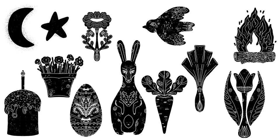 A set of decorative folk art elements inspired by nature and holidays. Easter Illustrazione stock