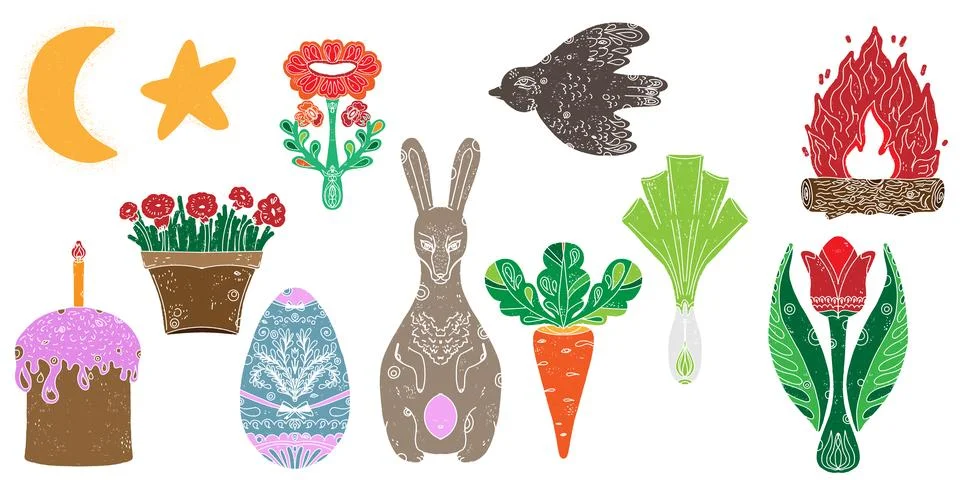 A set of decorative folk art elements inspired by nature and holidays. Easter 스톡 일러스트