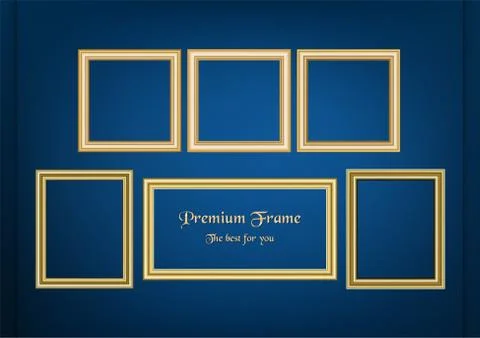Set of decorative frame picture with gold border, Vector design on blue backg Stock Illustration