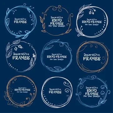 Set of decorative frames hand-drawn on a blue background. Vector 库存插图