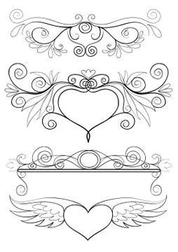 Set of decorative frames with hearts in black outline, isolated object on a w Stock Illustration