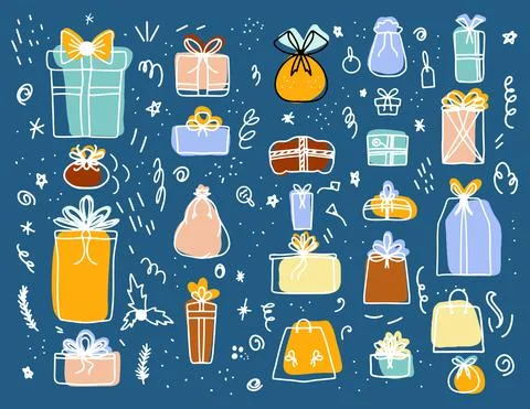 Set of decorative gift boxes in a linear style with bright vector spots, Doodles Stock Illustration