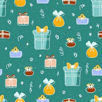 Set of decorative gift boxes in a linear style with bright vector spots, Doodles Stock Illustration