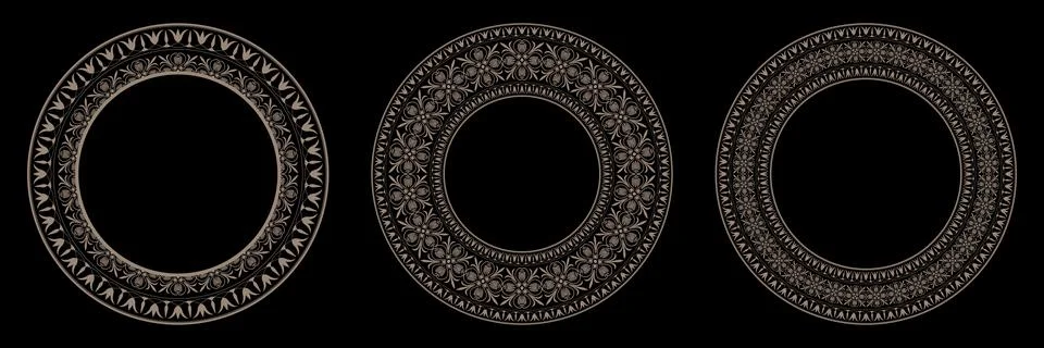 Set of decorative gold round frames with Greek key, anthemion, meander, palmette Stock Illustration