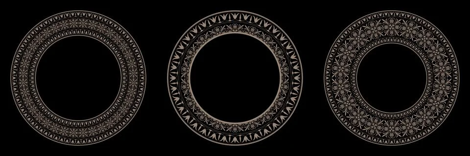 Set of decorative gold round frames for design with Greek floral key, meander.  Illustrazione stock
