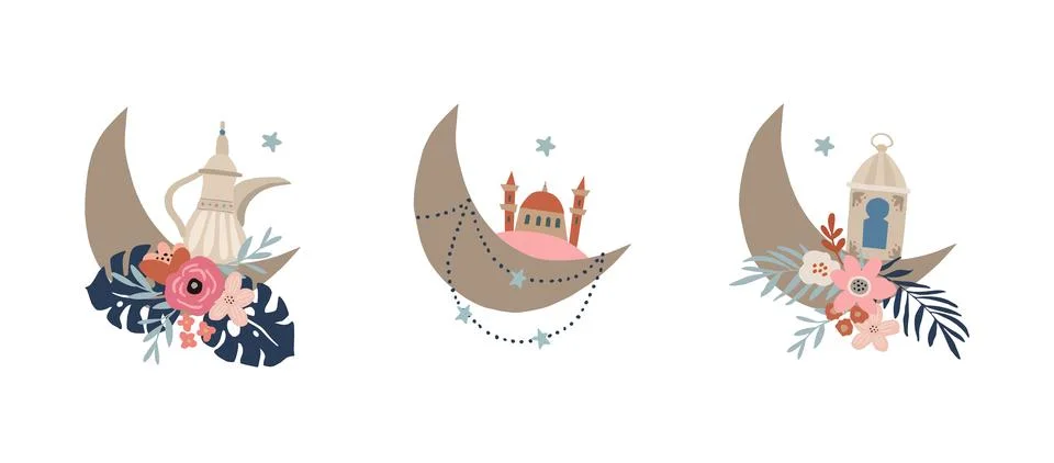Set of decorative hand drawn elements, icons for Ramadan holiday. Crescent half Stockillustratie