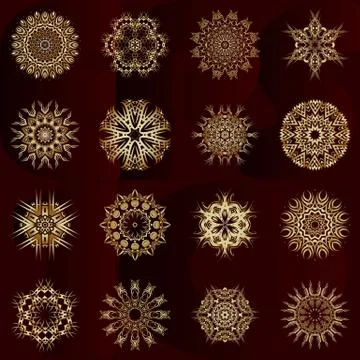 Set of decorative hand-drawn mandala elements, gold floral pattern Stock Illustration