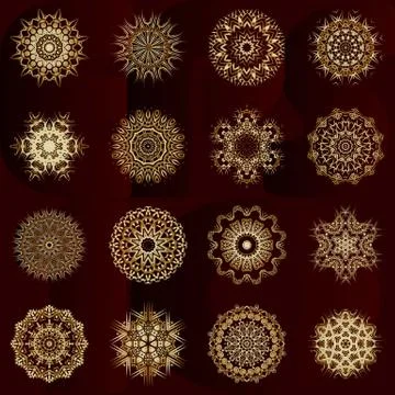 Set of decorative hand-drawn mandala elements, gold floral pattern 스톡 일러스트