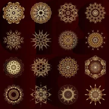 Set of decorative hand-drawn mandala elements, gold floral pattern Stock Illustration