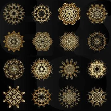 Set of decorative hand-drawn mandala elements, gold floral pattern Stock Illustration