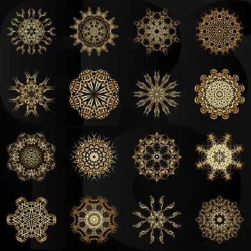 Set of decorative hand-drawn mandala elements, gold floral pattern Stock Illustration