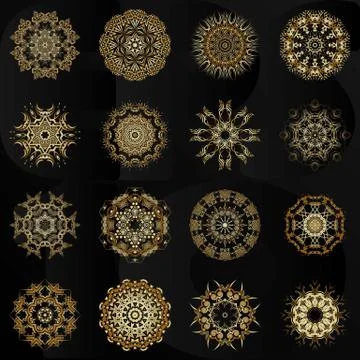 Set of decorative hand-drawn mandala elements, gold floral pattern Stock Illustration