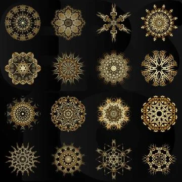 Set of decorative hand-drawn mandala elements, gold floral pattern イラスト素材