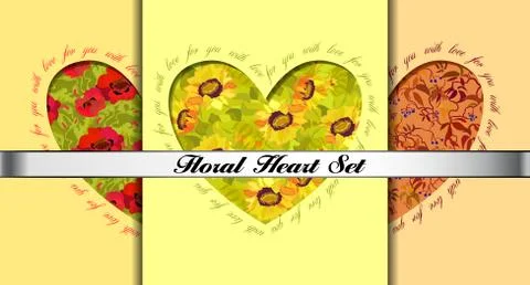 Set of decorative hearts with floral ornament. Stock Illustration