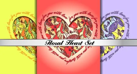 Set of decorative hearts with floral ornament. Stock Illustration