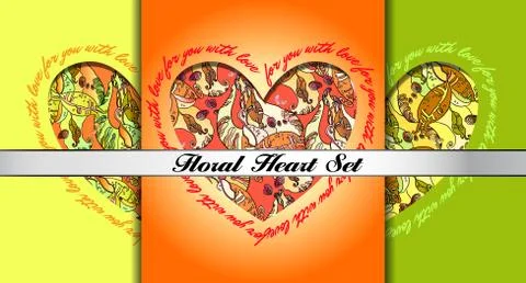 Set of decorative hearts with floral ornament. Stock Illustration