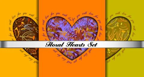 Set of decorative hearts with floral ornament. Stock Illustration