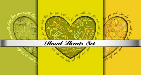 Set of decorative hearts with floral ornament. Stock Illustration