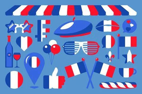 Set of decorative holiday elements in colors of French flag イラスト素材