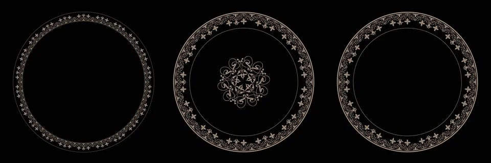Set of decorative openwork gold round frames for design  Stock Illustration