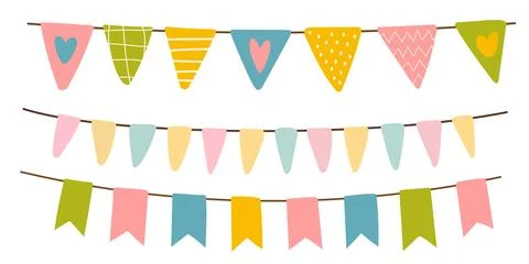 Set of decorative party string garland. Celebrate hanging colored flags for baby Stock Illustration