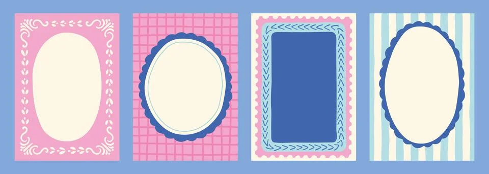 Set of decorative pastel frames with hand-drawn elements in naive style for Stock Illustration