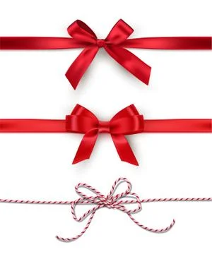 Set of decorative red bows with horizontal ribbons isolated on white background Stock Illustration