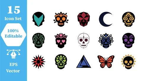 Set of decorative sugar skull and esoteric mystery icons with calavera, mys.. Stock Illustration