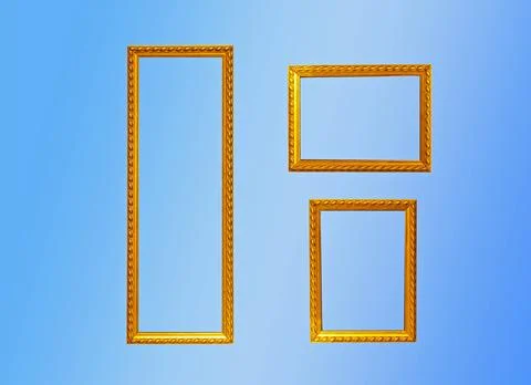 Set of decorative vintage empty classic metal golden frames isolated on blue Stock-Fotos