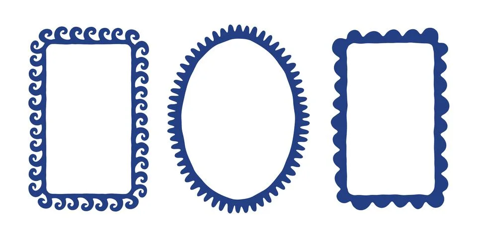 Set of decorative vintage frames in dark blue color. Collection of hand-drawn Stock Illustration