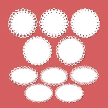 Set of Decorative white oval doily border, Vintage round lace paper doily f.. Stock Illustration