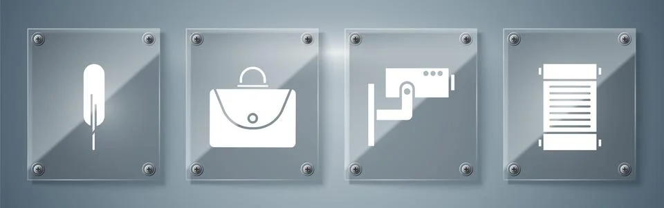 Set Decree, paper, parchment, scroll, Security camera, Briefcase and Feather pen Stock Illustration