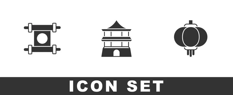 Set Decree, paper, parchment, scroll, Chinese house and lantern icon. Vector Illustrazione stock
