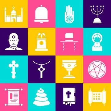 Set Decree, paper, parchment, scroll, Pentagram in circle, Jesus Christ, Jainism Stock Illustration