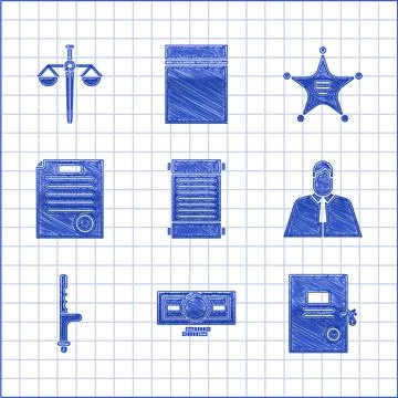 Set Decree, paper, parchment, scroll, Stacks money cash, Lawsuit, Lawyer Illustrazione stock