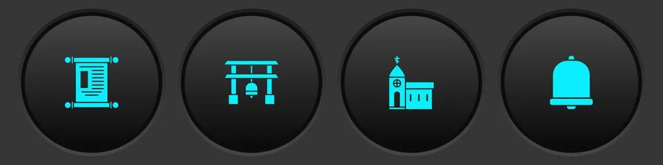 Set Decree, paper, parchment, scroll, Japan Gate, Church building and bell icon Ilustración de archivo