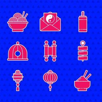 Set Decree, paper, parchment, scroll, Chinese lantern, Rice bowl with chopstick Illustrazione stock