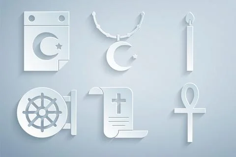 Set Decree, paper, parchment, scroll, Burning candle, Dharma wheel, Cross a.. Stock Illustration