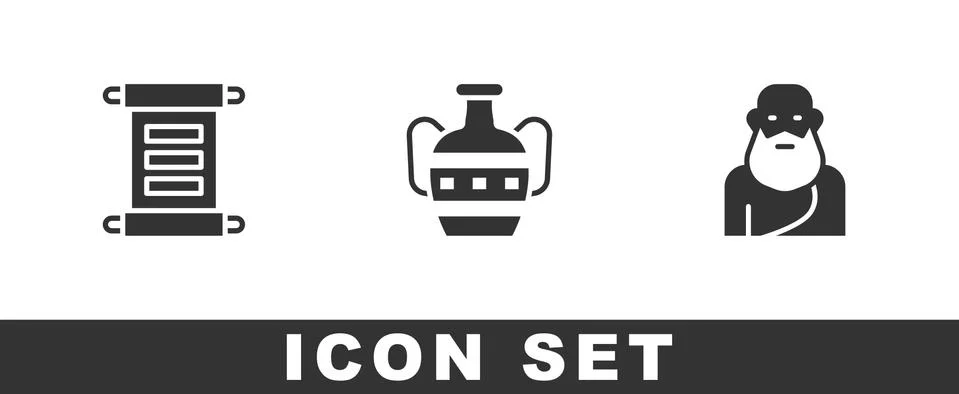 Set Decree, parchment, scroll, Ancient amphorae and Socrates icon. Vector Illustrazione stock