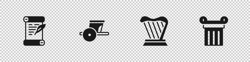 Set Decree, parchment, scroll, Ancient chariot, Harp and column icon. Vector Illustrazione stock