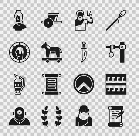 Set Decree, parchment, scroll, Ancient Greek pattern, Gallows, Zeus, Trojan Illustrazione stock